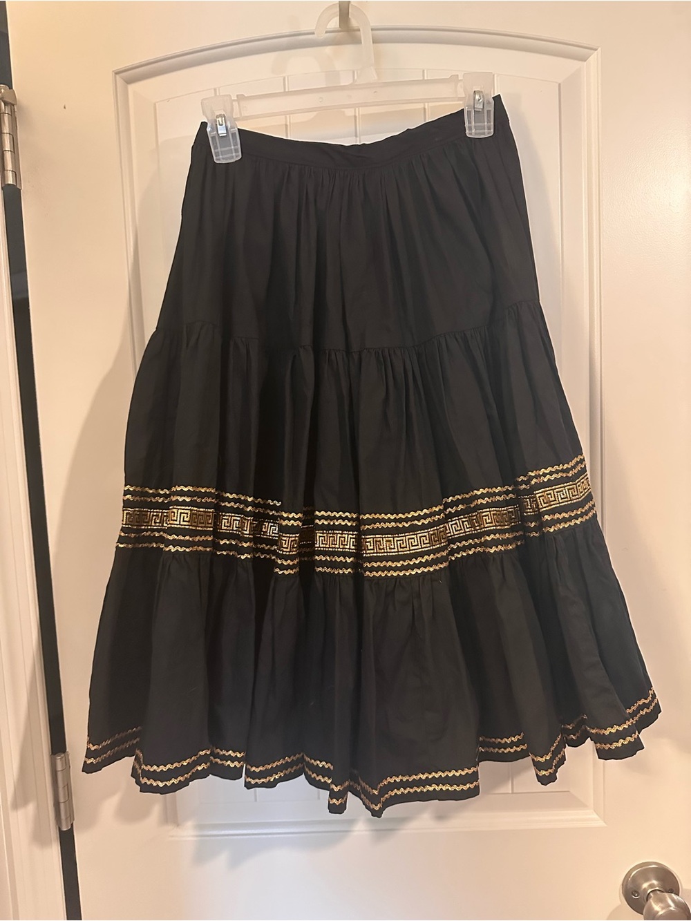 Black Tiered A-Line Skirt with Gold Embroidered Trim, square dance